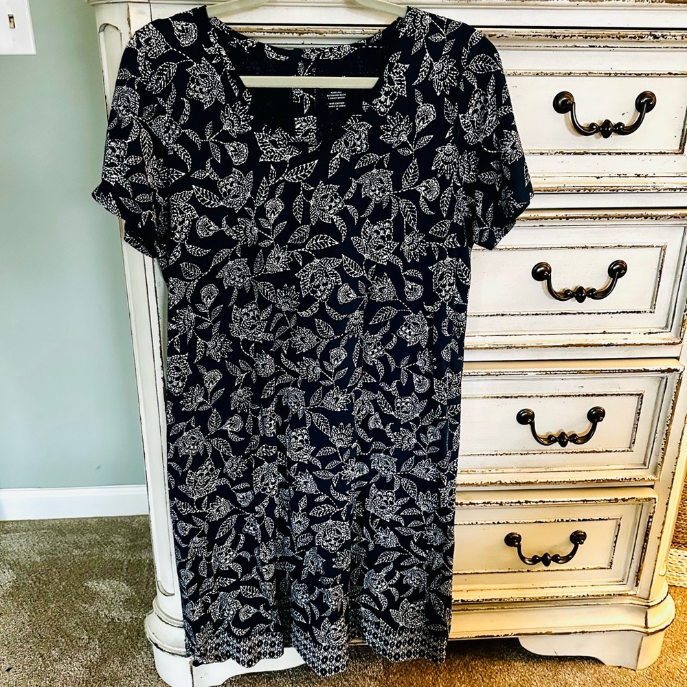 Navy and White J.Jill Leaf Print Cotton Dress, NWOT